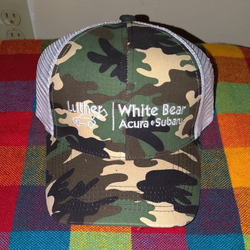 Luther White Bear Acura Subaru Embroidered Camo Trucker Mesh Snapback Cap Hat Ne